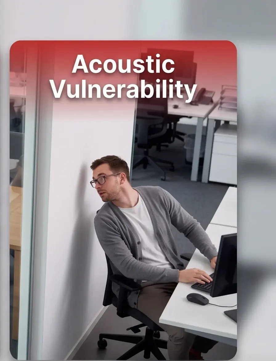 Employee overhearing sensitive discussions through a standard glass partition wall.