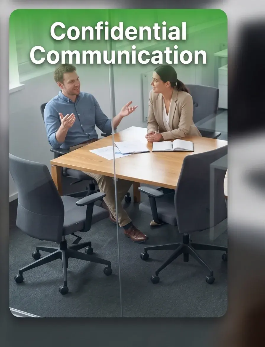 Business professionals communicating confidently in a sound-masked office space.