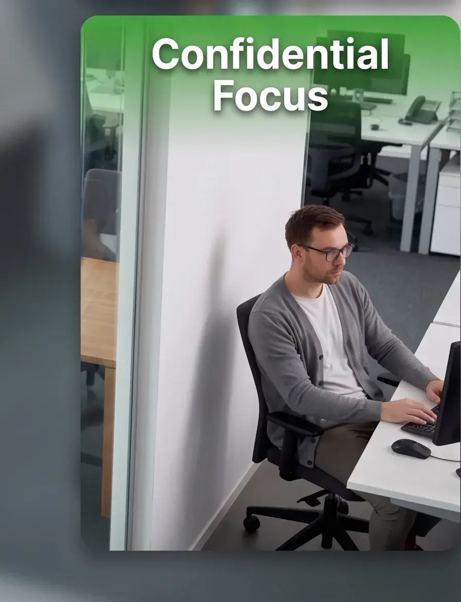 Focused worker in an open-plan office protected by acoustic sound masking.
