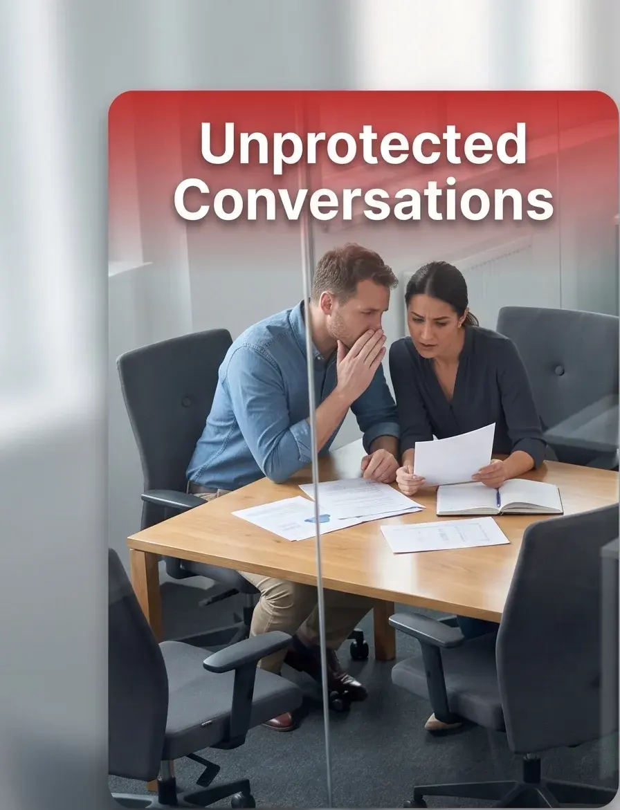Two colleagues whispering over confidential papers in an unmasked glass meeting room.