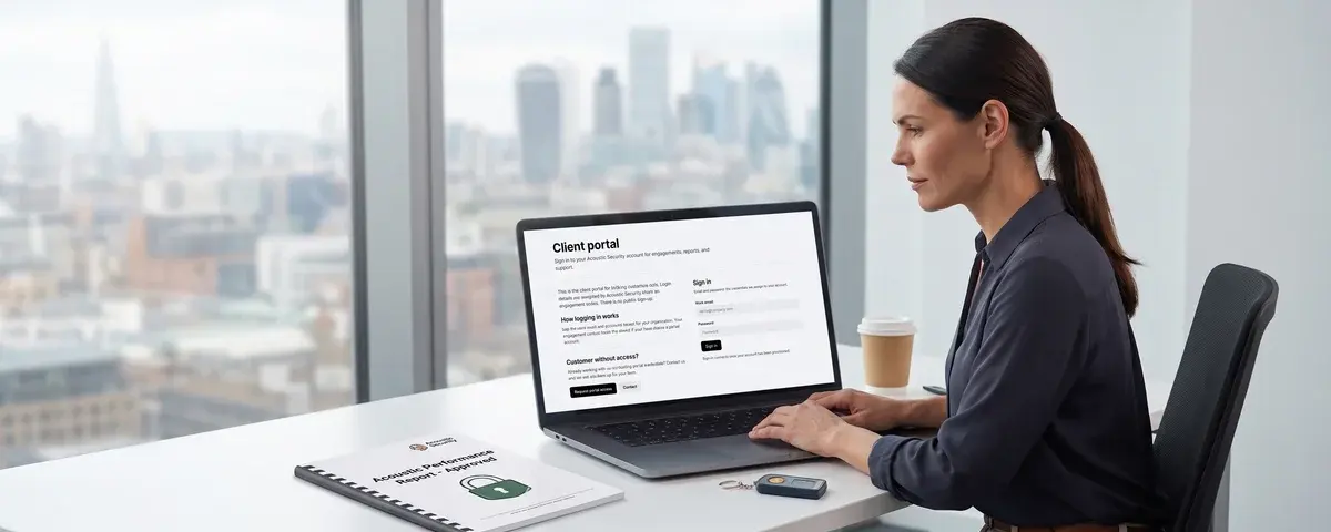 Existing customer signing in to the Acoustic Security client portal to view engagement reports and support.