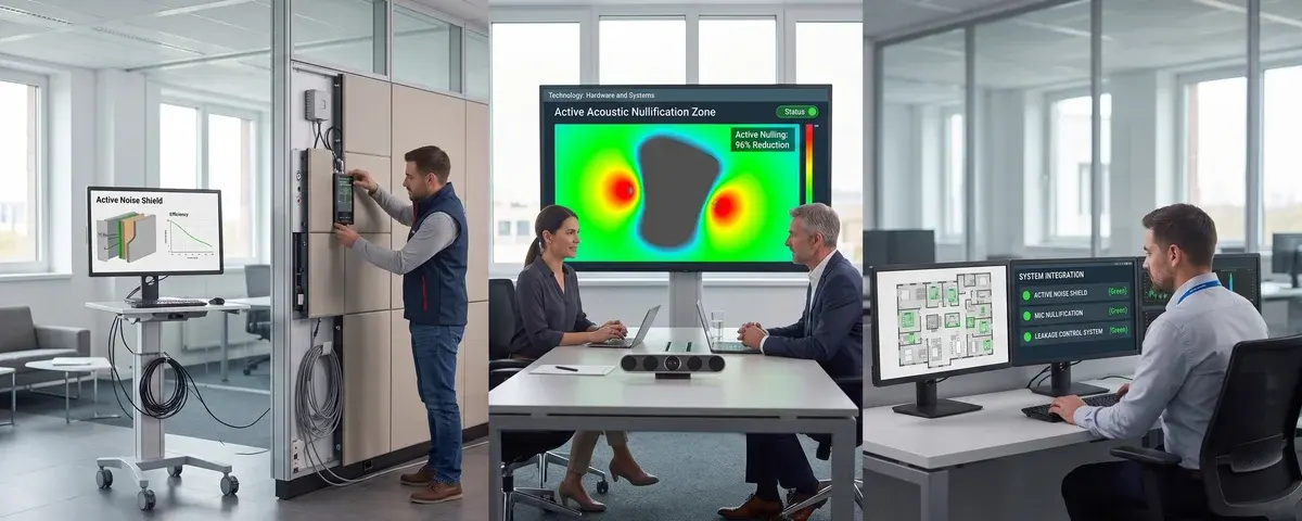 Sound masking hardware installation, acoustic nullification in a meeting room, and integrated leakage control system monitoring.