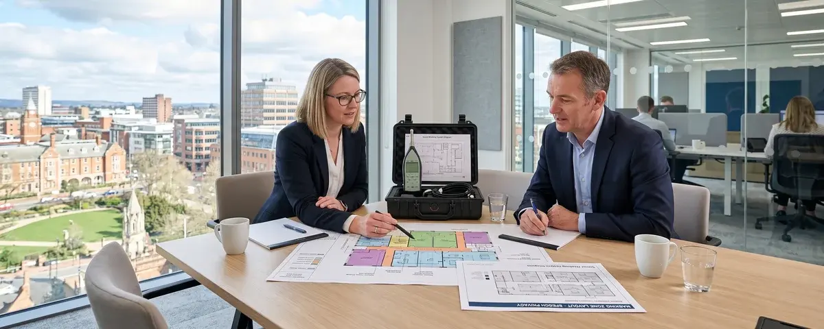 Acoustic security consultant and client reviewing a commercial speech-privacy engagement plan and masking zone layout in an office meeting room.