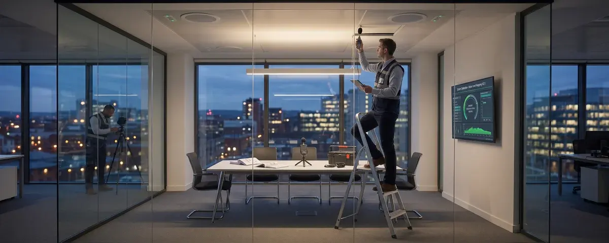 Technicians calibrating a sound masking system in a commercial meeting room to deliver a speech privacy solution.
